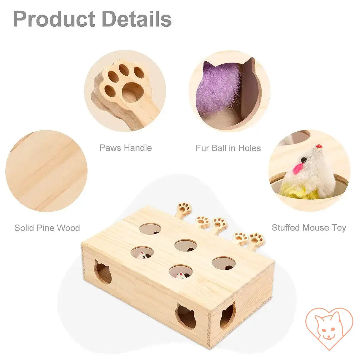 Interactive Whack-a-Mole Cat Toy made of solid pine wood, featuring stuffed moles and a paws handle for fun play.