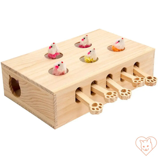 Interactive Whack-a-Mole Cat Toy made of solid wood with five stuffed moles and paw-shaped handles for active play.