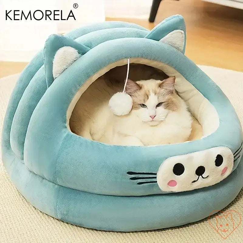 KEMORELA semi-enclosed cat bed with cat ear design, featuring a plush and cozy structure for ultimate pet comfort.