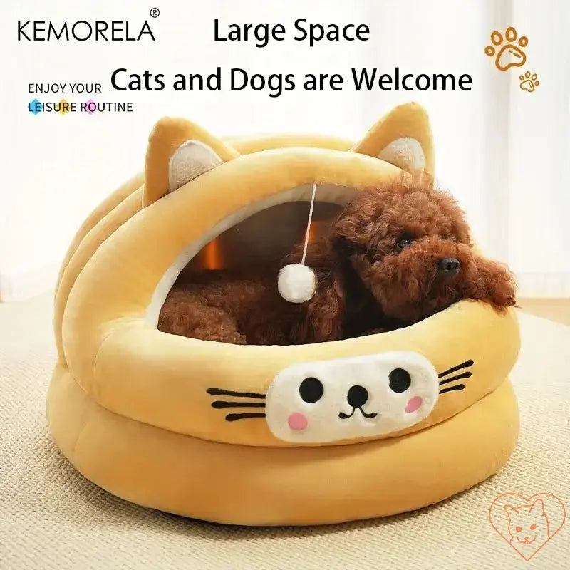 KEMORELA Semi-Enclosed Cat Bed with cat ears, cozy design for cats and dogs, offering warmth and comfort.