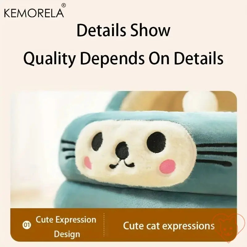 KEMORELA Semi-Enclosed Cat Bed showcasing adorable cat expressions and quality craftsmanship, highlighting cozy details.