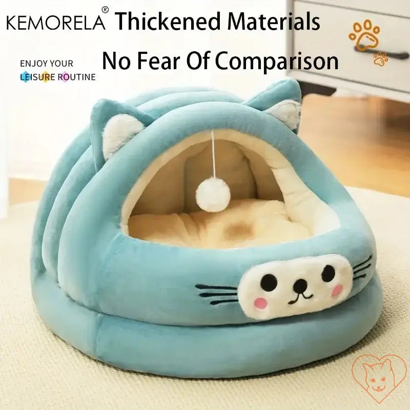 KEMORELA Semi-Enclosed Cat Bed with cat ears, thickened plush design for ultimate comfort and warmth.