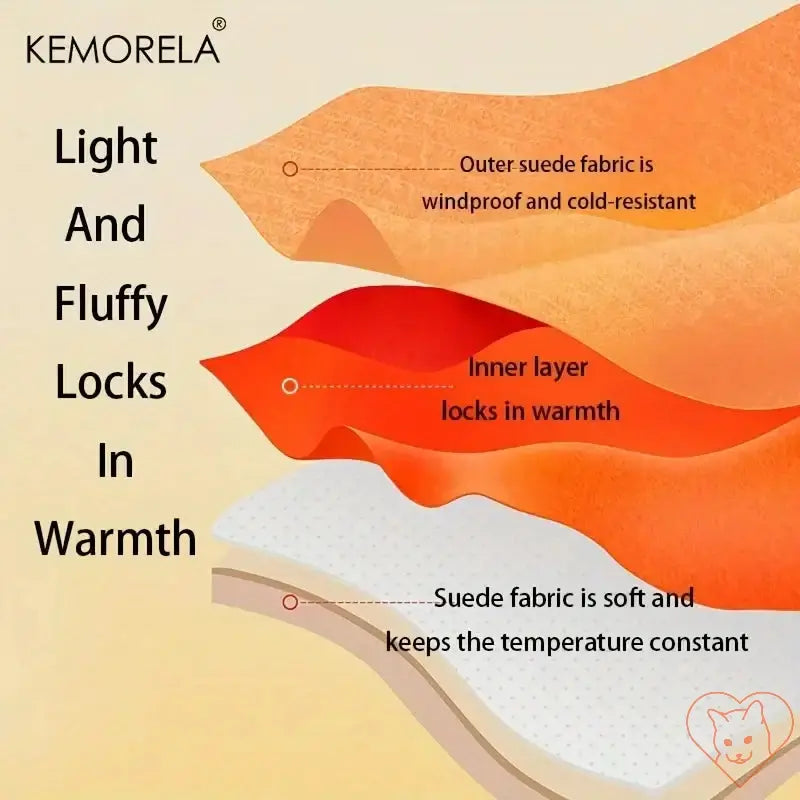 KEMORELA cat bed materials diagram showing windproof suede and warm inner layers for optimal comfort.