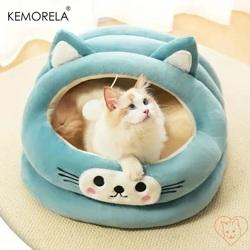 KEMORELA semi-enclosed cat bed with cute cat ear design and a cozy plush interior, perfect for feline comfort.