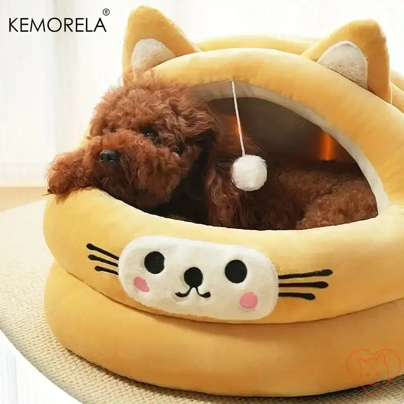 KEMORELA semi-enclosed cat bed with cat ear design, plush and cozy, perfect for pets in all seasons.