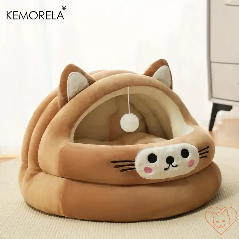 KEMORELA Semi-Enclosed Cat Bed in brown with cat ear design, plush and cozy for all-season comfort.