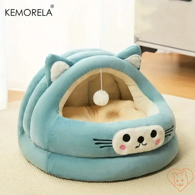 KEMORELA semi-enclosed cat bed with cat ear design, plush and cozy for all-season comfort.