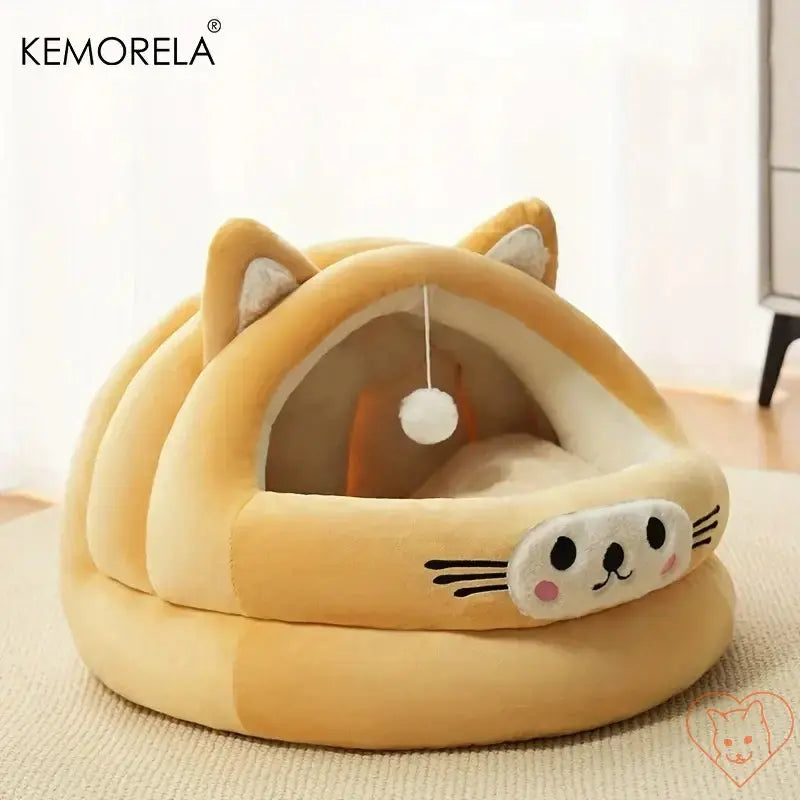 KEMORELA Semi-Enclosed Cat Bed with cute cat ear design, plush cozy pet nest for all-season comfort.