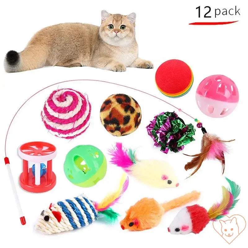 Kitten Toys Variety Pack with 12 interactive toys including wand, mice, and balls for hours of feline fun.