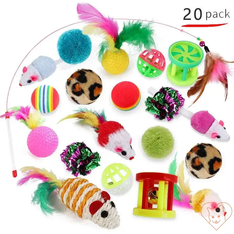 Kitten Toys Variety Pack with 20 interactive toys including mice, balls, and wands for hours of cat entertainment.