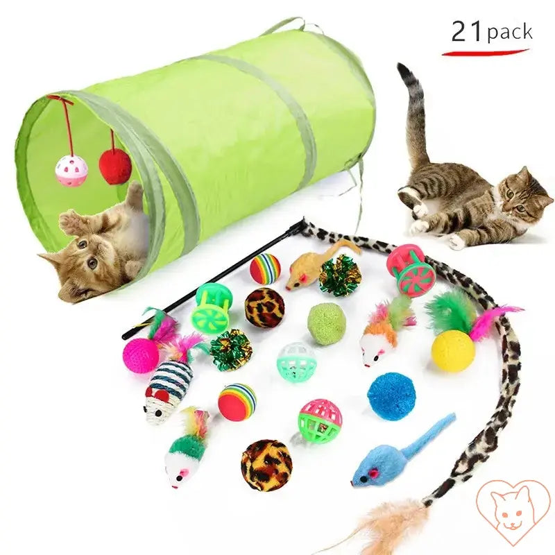 Interactive cat toy variety pack with colorful balls, mice, and a tunnel for endless feline fun. Perfect for kittens!