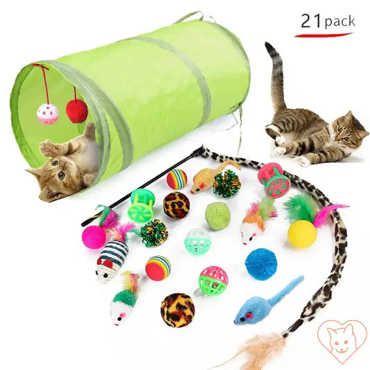 Interactive 21 pack kitten toys variety with tunnel, colorful balls, and playful mice for cats.