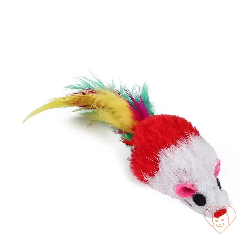 Colorful plush cat mouse toy with a vibrant tail for interactive play and entertainment for kittens.