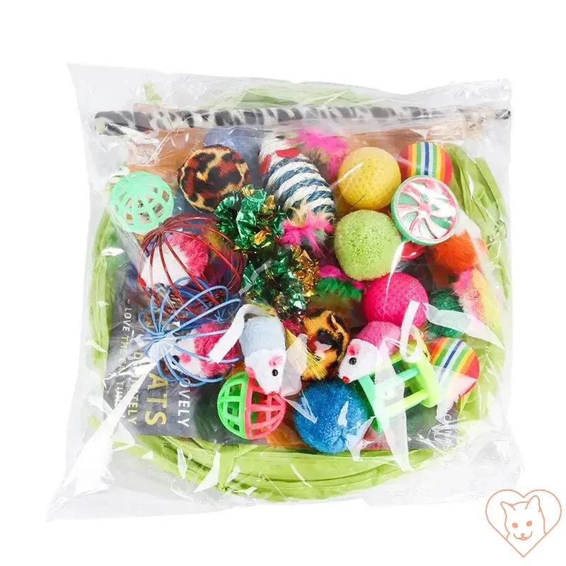 Colorful kitten toys variety pack in a clear bag, featuring balls, mice, and interactive play items for cats.