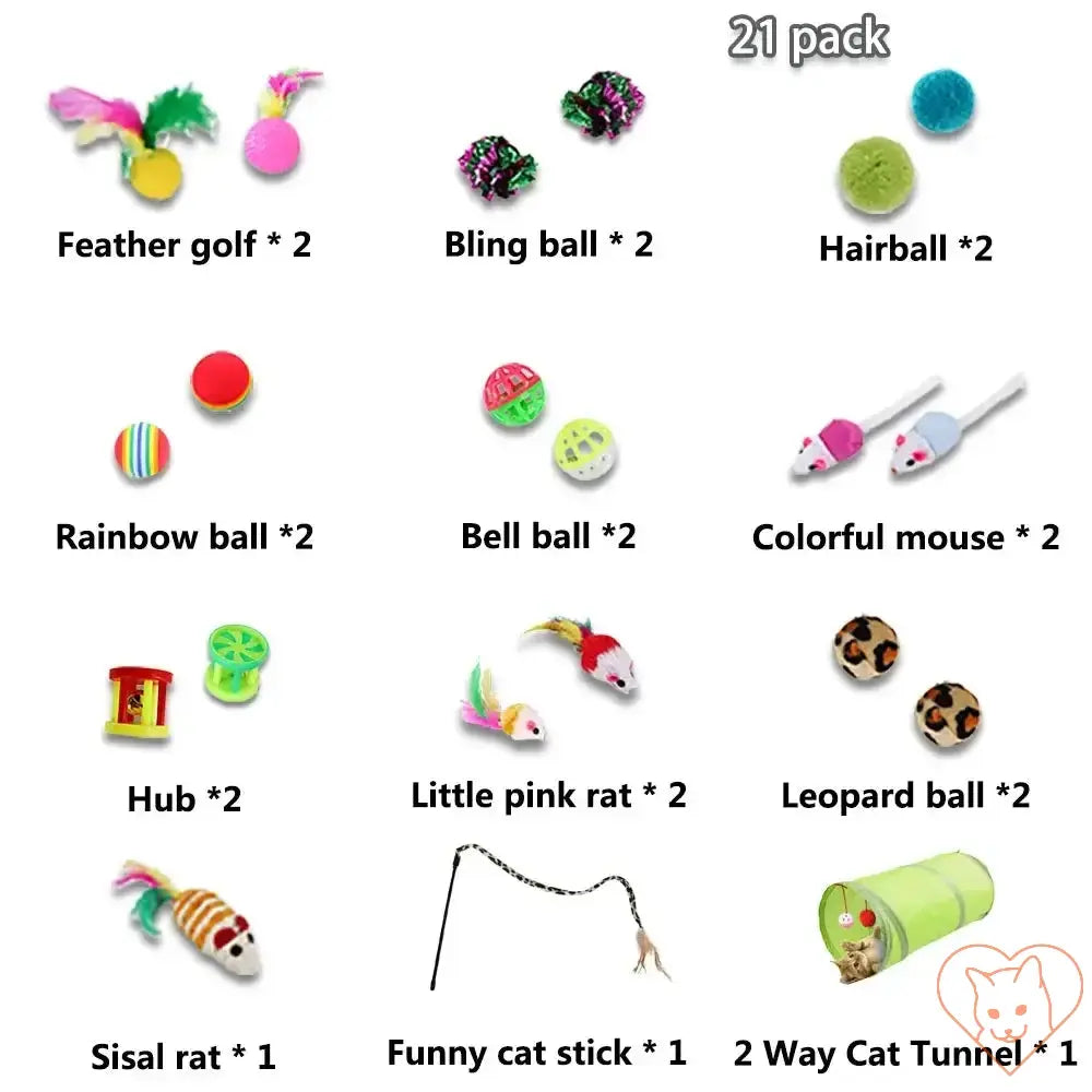 Kitten Toys Variety Pack featuring 21 interactive cat toys, including feather golf, bling balls, and colorful mice.