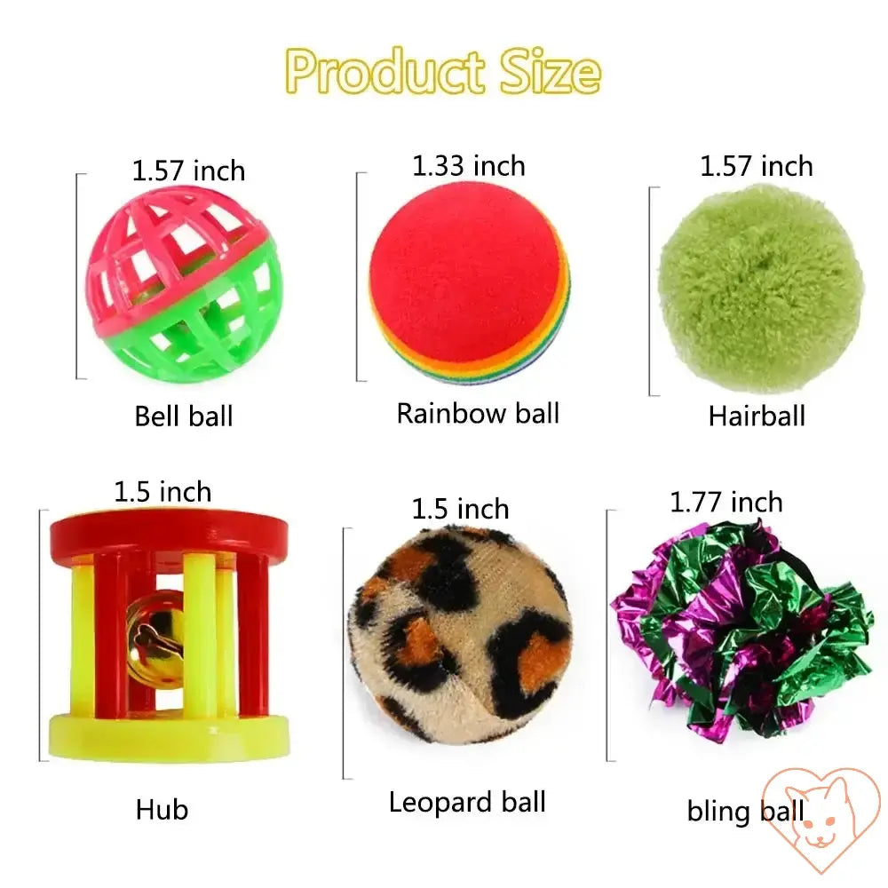 Product size chart showing six different cat toys including bell ball, rainbow ball, and leopard ball.