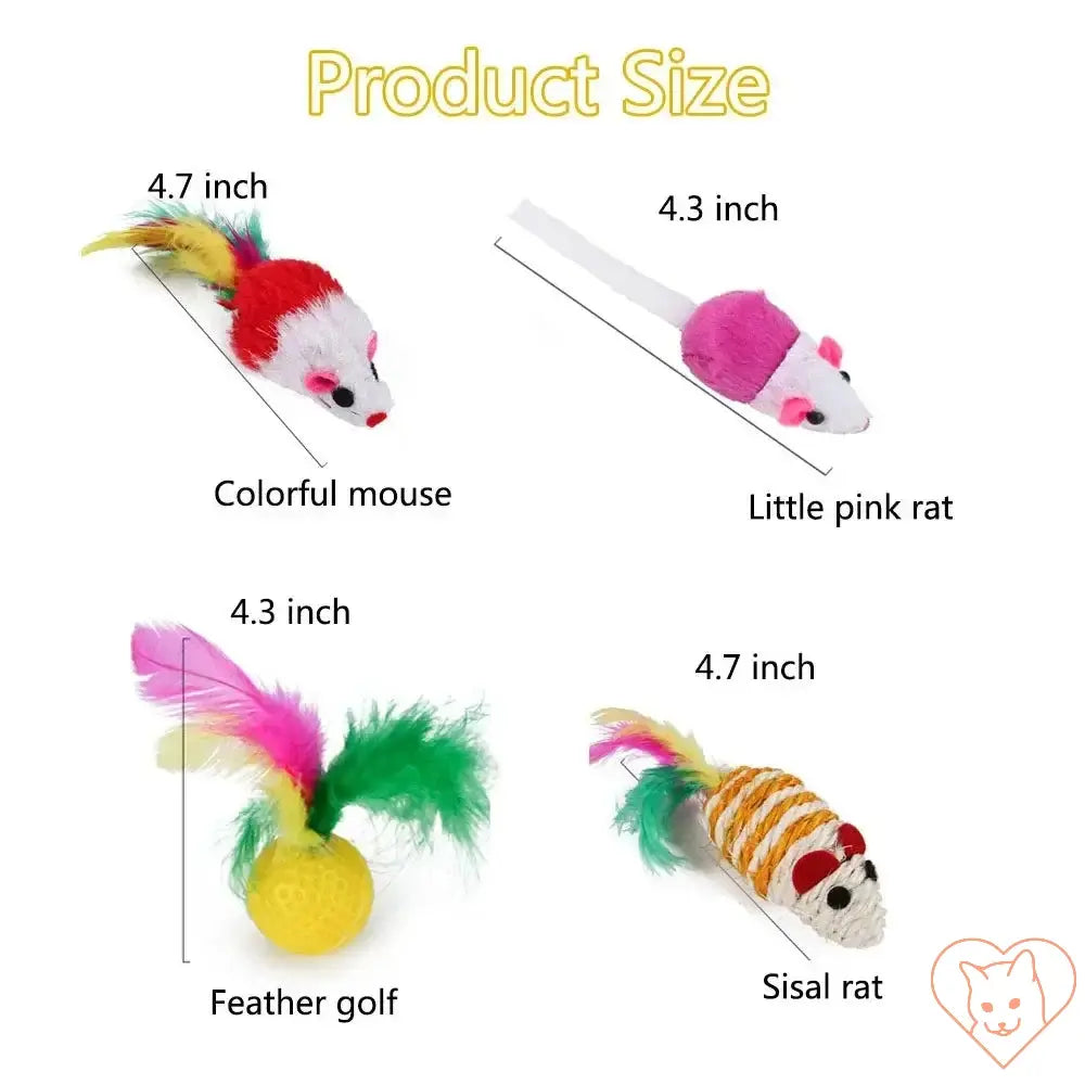 Interactive kitten toys size comparison including colorful mouse, pink rat, feather golf, and sisal rat.