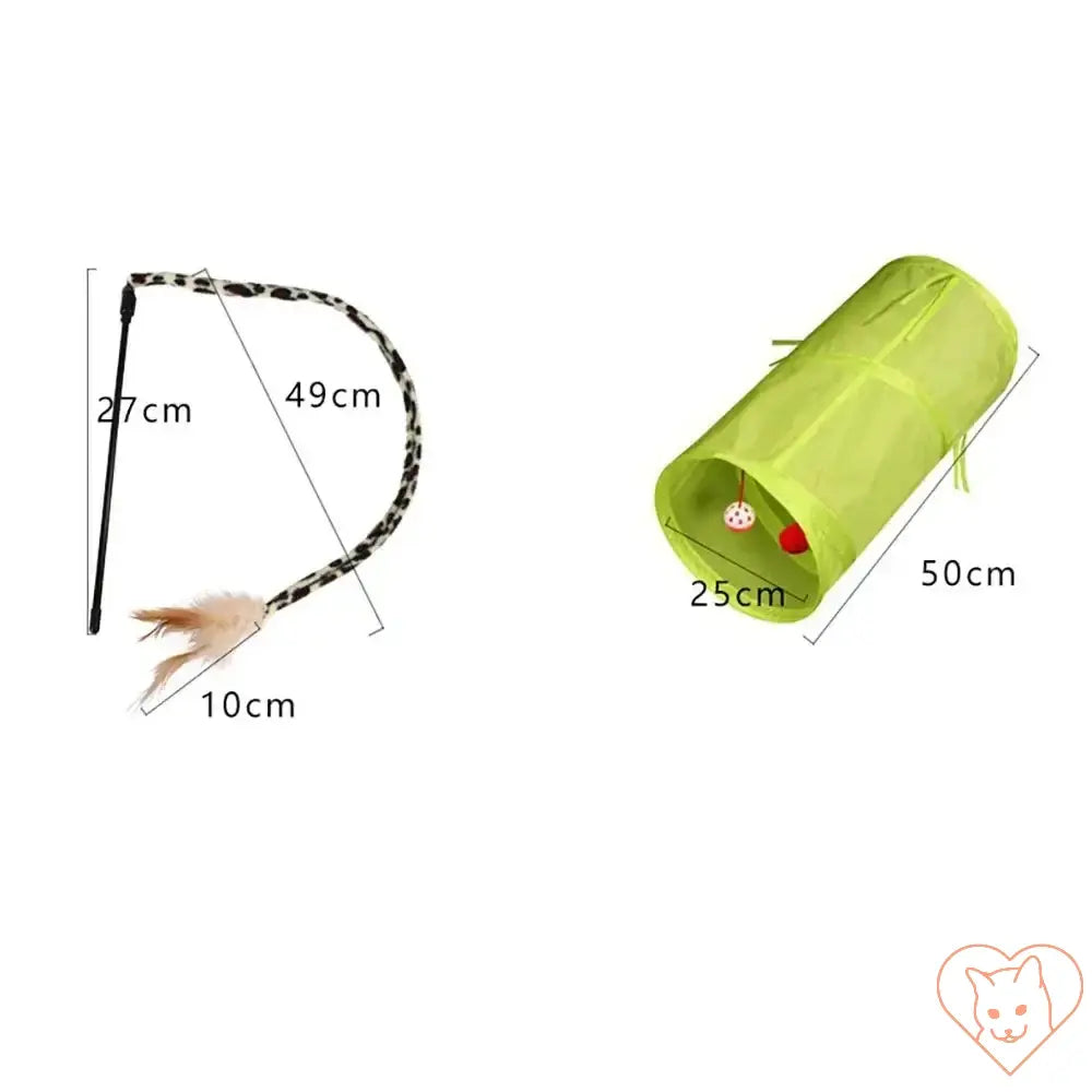 Interactive kitten toy set including a feather wand and a green collapsible tunnel, perfect for playful cats.