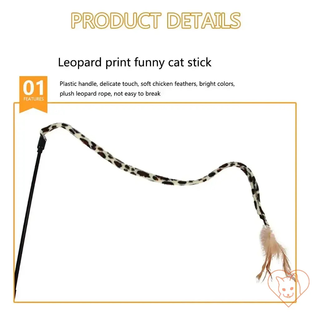 Leopard print funny cat stick with plastic handle, soft feathers, and plush rope for interactive play.