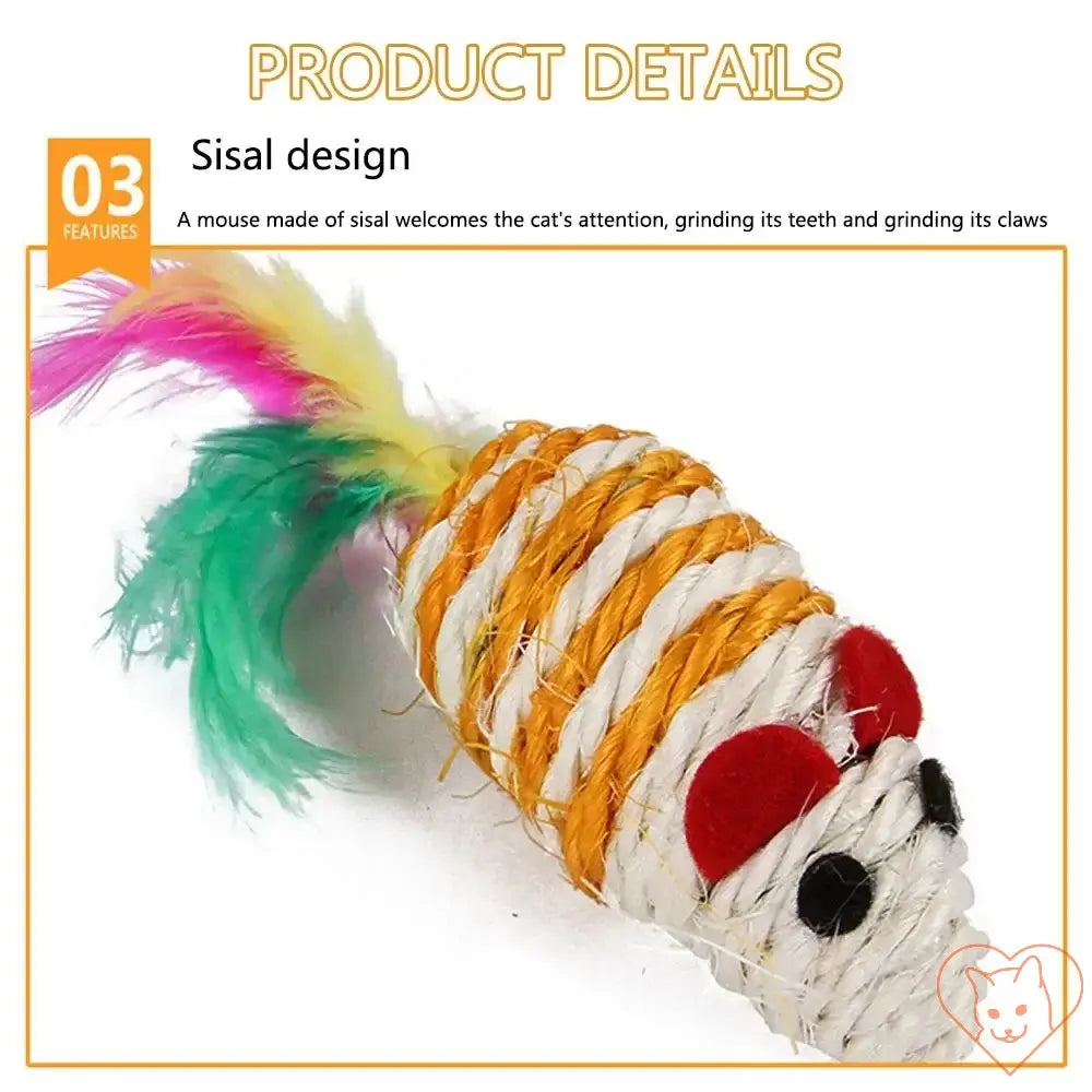 Colorful sisal mouse toy designed to engage cats with texture and fun for claw grinding and playtime activities.