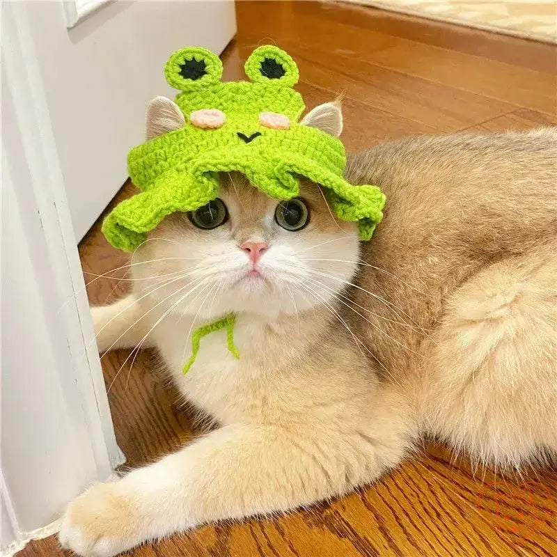 Cozy cat wearing a green knitted frog hat, lounging on wooden floor, showcasing adorable pet fashion accessory.