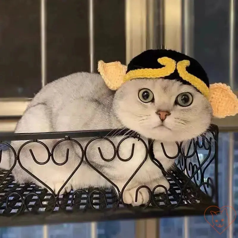 Cat wearing a cozy knitted hat, showcasing a fun and stylish look while resting on a decorative shelf.