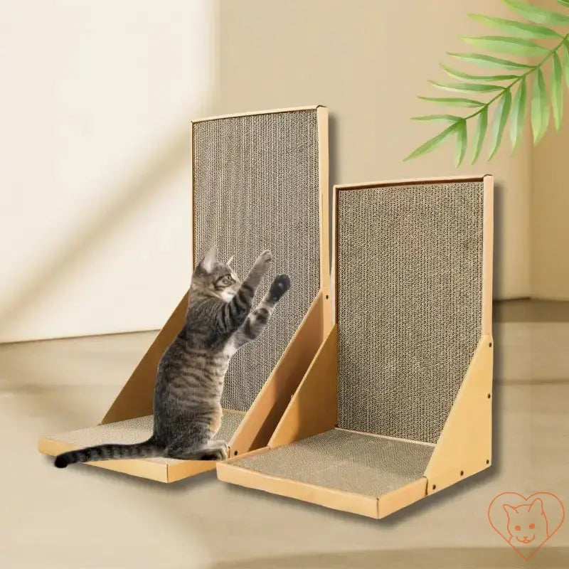 L-Shaped Vertical Cat Scratching Post with a playful cat, designed for indoor scratching and climbing.