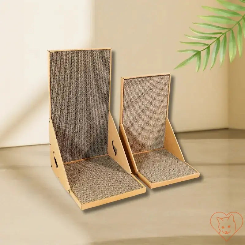 L-shaped vertical cat scratching post in two sizes, made of durable cardboard, designed for indoor cats.