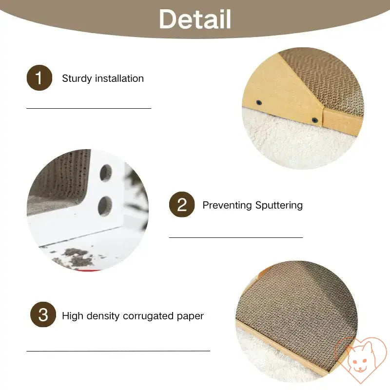 Detail features of L-Shaped Vertical Cat Scratching Post: sturdy installation, sputtering prevention, high-density corrugated paper.