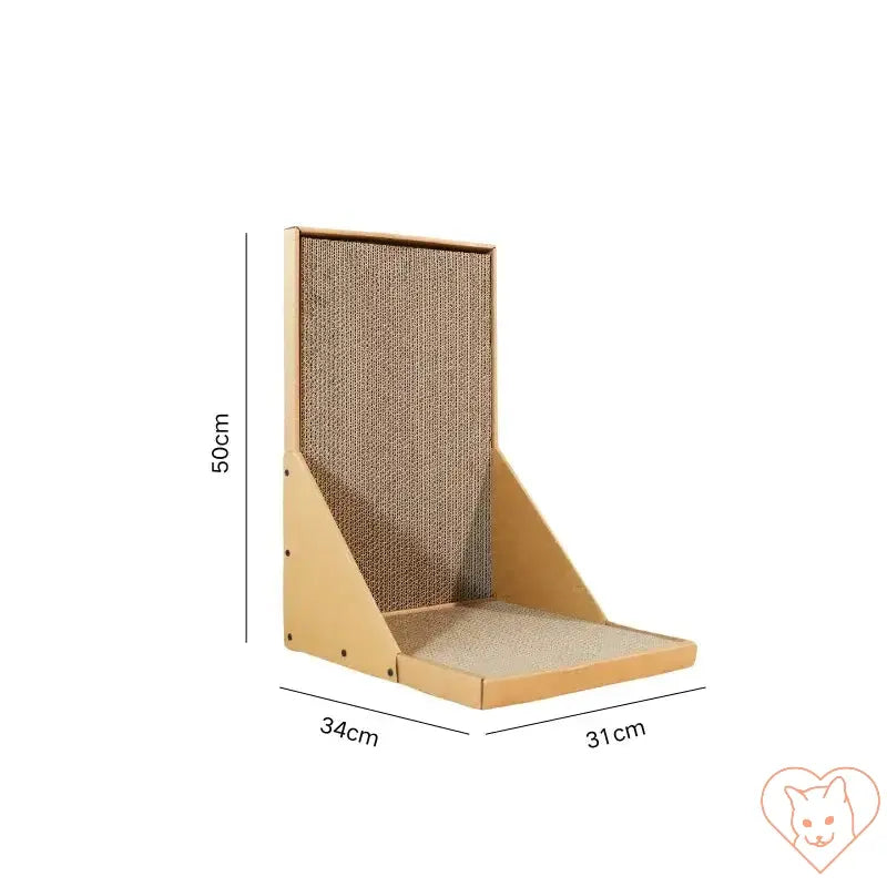 L-shaped vertical cat scratching post with dimensions, made from durable cardboard and wood for cat entertainment.