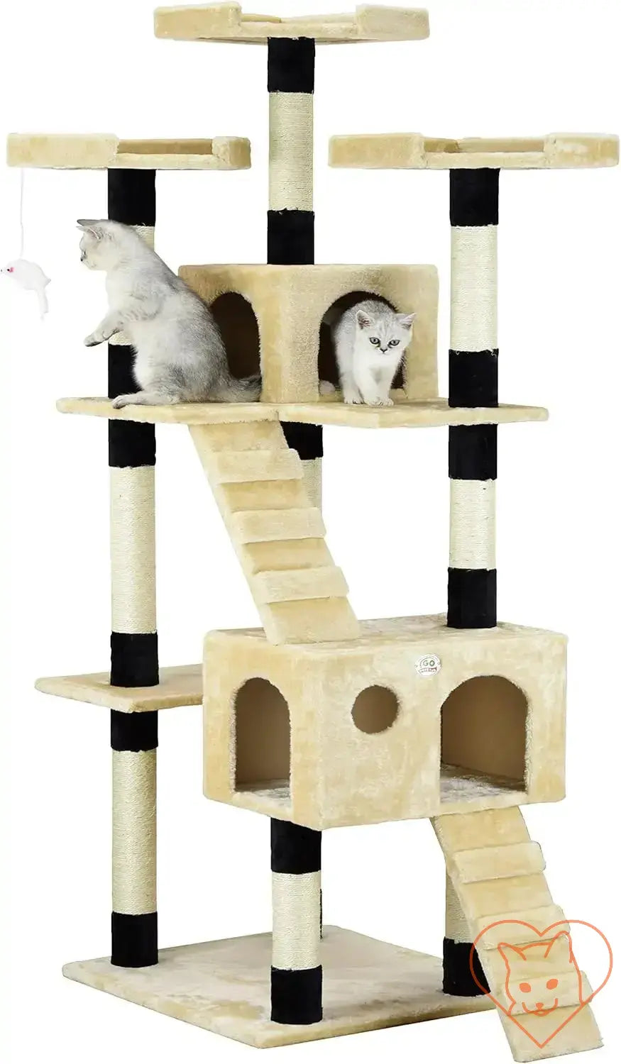 Large 72" Cat Tree Tower with condos; two cats enjoying their playground with ramps and scratching posts.