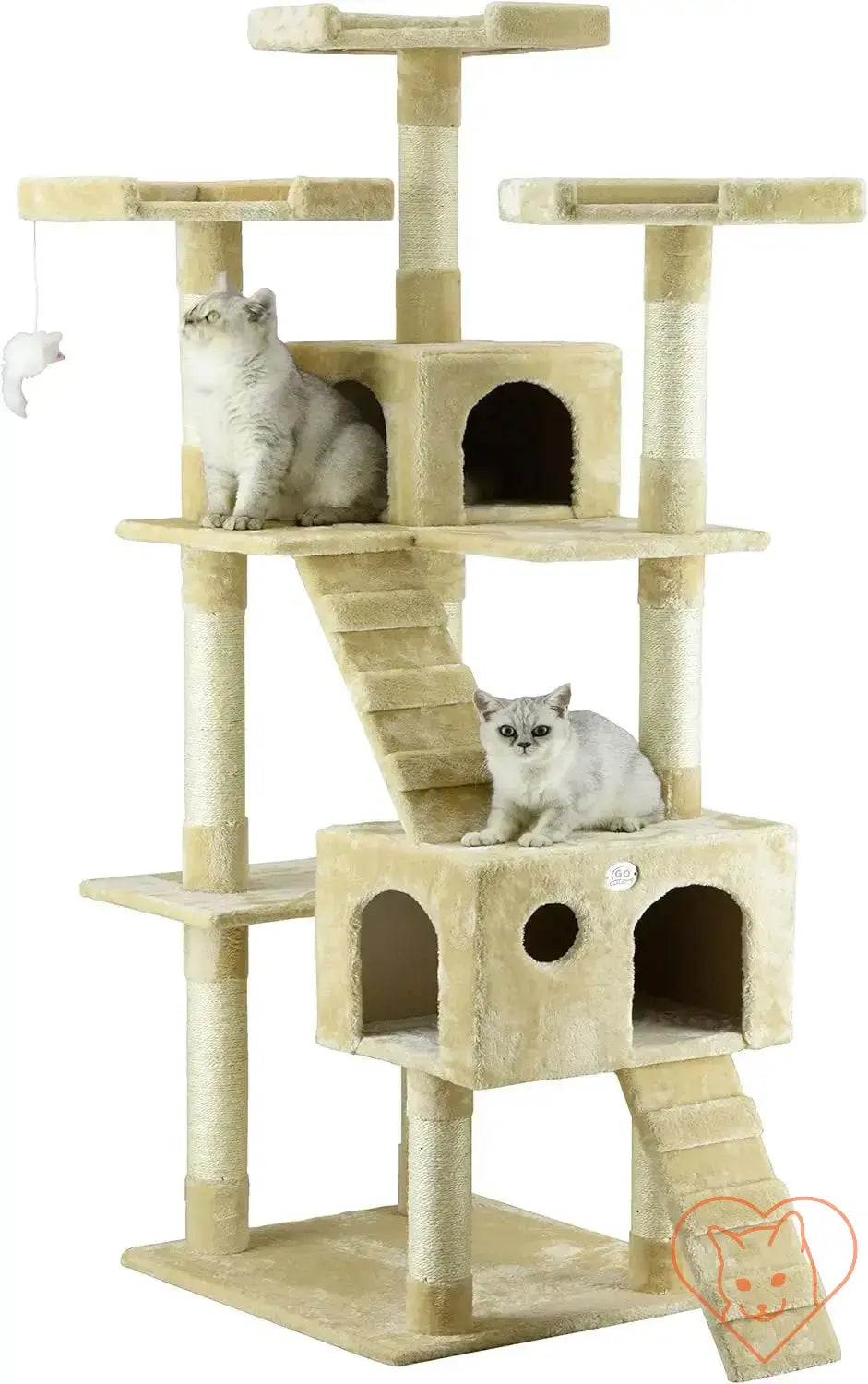 Large 72" cat tree tower with condos, features plush platforms and sisal scratching posts, perfect playground for cats.