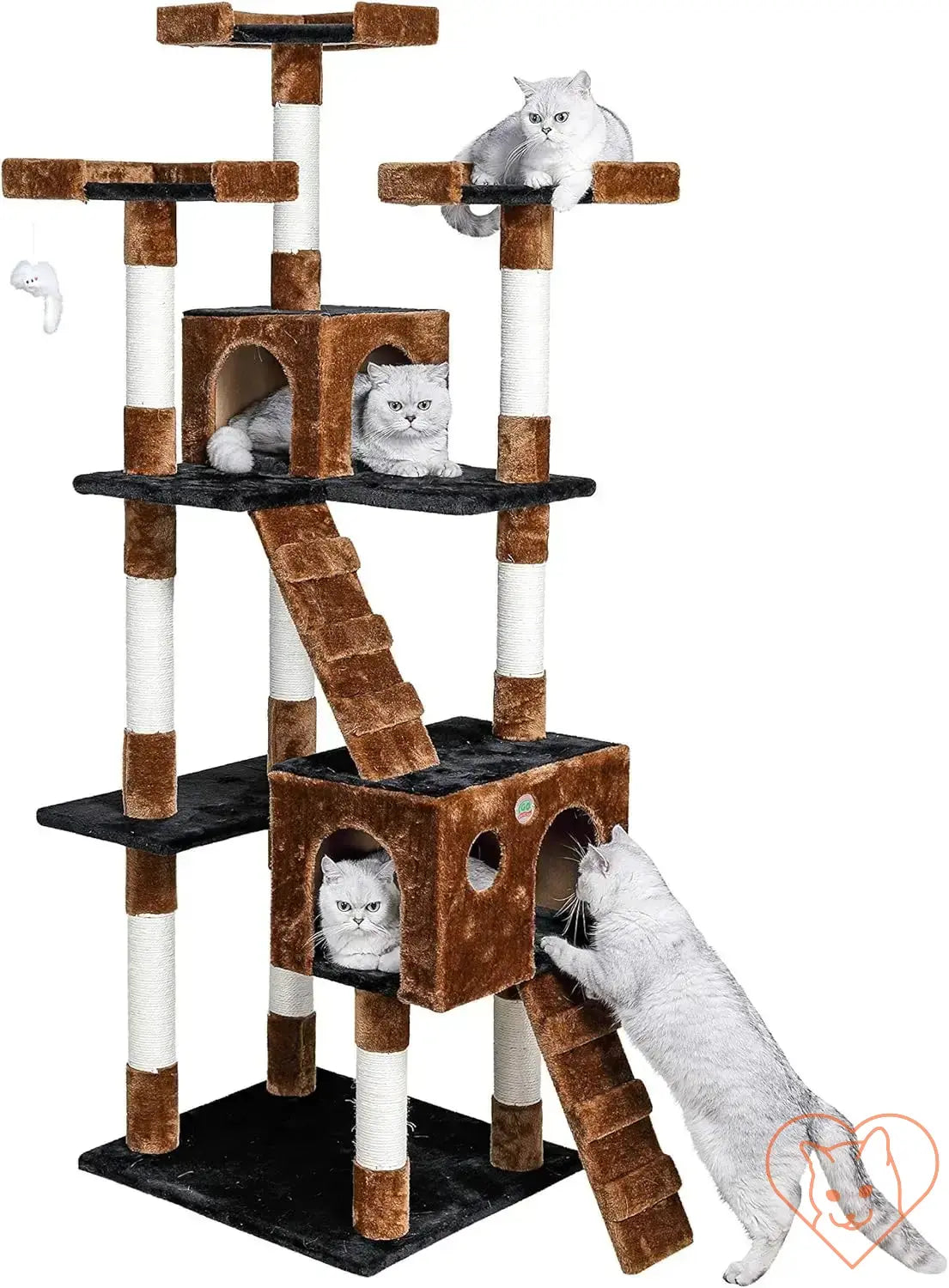 Large 72" cat tree tower with condos, featuring multiple levels and playful cats.