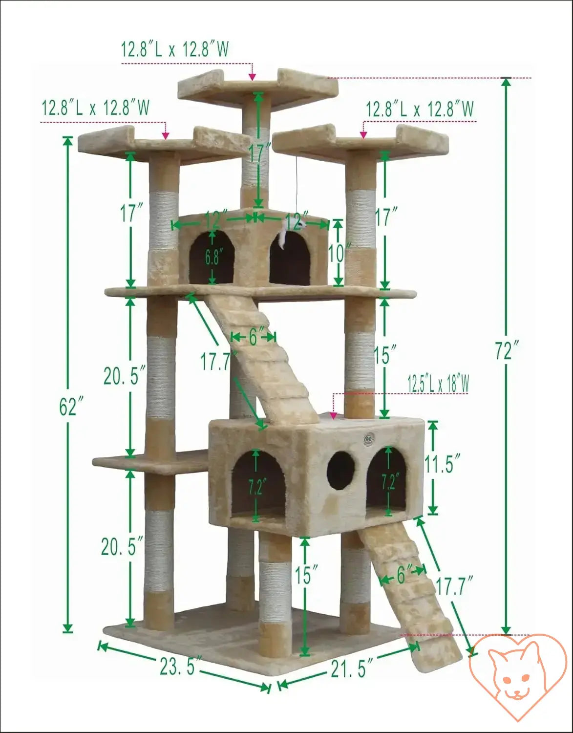 Large 72" Cat Tree Tower with condos and dimensions marked for feline play and relaxation.