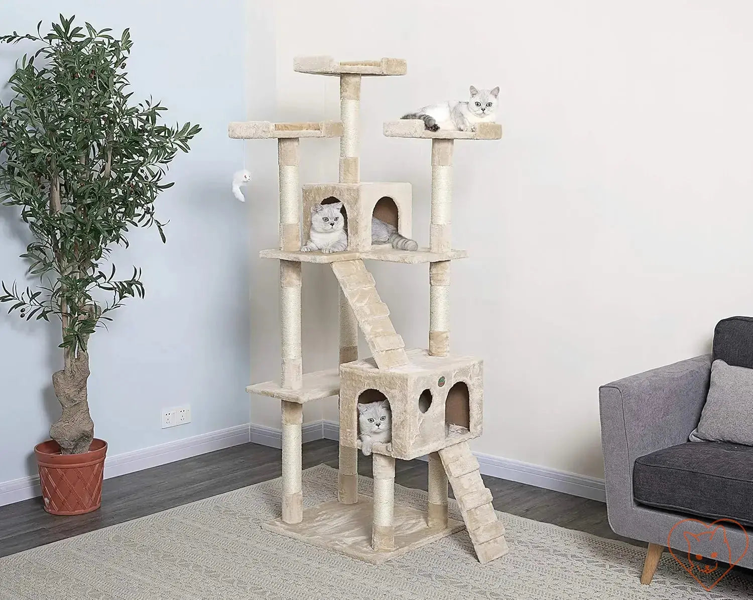 Large 72" cat tree tower with condos, featuring playful cats lounging and climbing on a sturdy, plush structure.