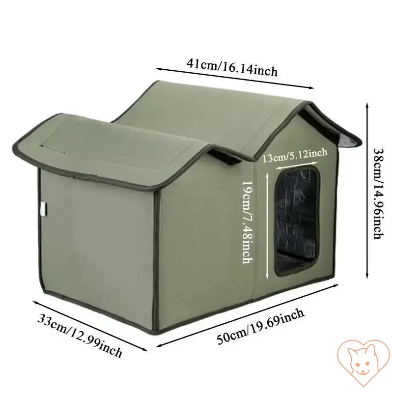 Large insulated outdoor cat shelter in green, waterproof, weatherproof design with transparent door.