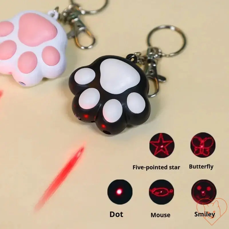 Laser Cat Teaser Keychain featuring paw print design and multi-pattern projections for playful cat entertainment.