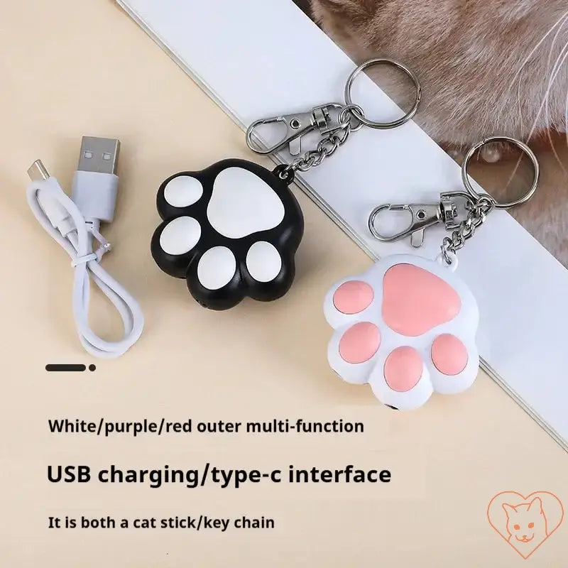 Laser Cat Teaser Keychain in paw design, featuring USB charging and multi-function capabilities for interactive play.