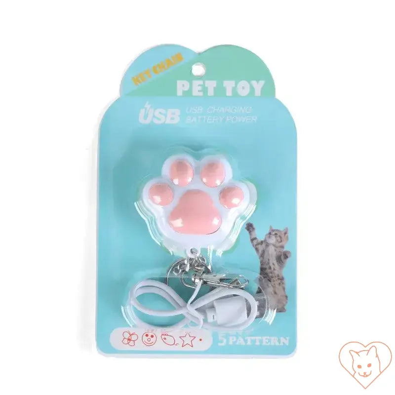 Laser Cat Teaser Keychain with USB charging, featuring five playful patterns and a cute paw design.