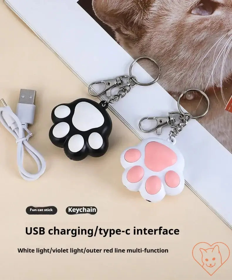 Laser Cat Teaser Keychain with USB charging, featuring black and pink paw designs for interactive cat fun.