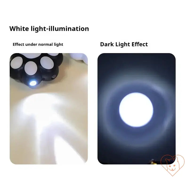 Comparison of white light illumination effects in normal and dark settings with a laser cat teaser keychain.