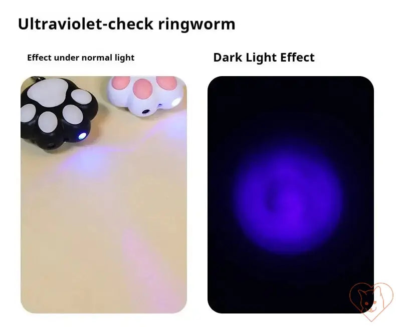 Ultraviolet-check ringworm detection tool showing effects under normal and dark light.