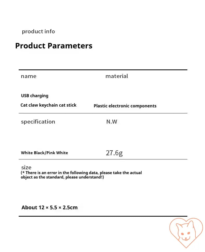 Product parameters for Laser Cat Teaser Keychain, listing features like USB charging and material specifications.