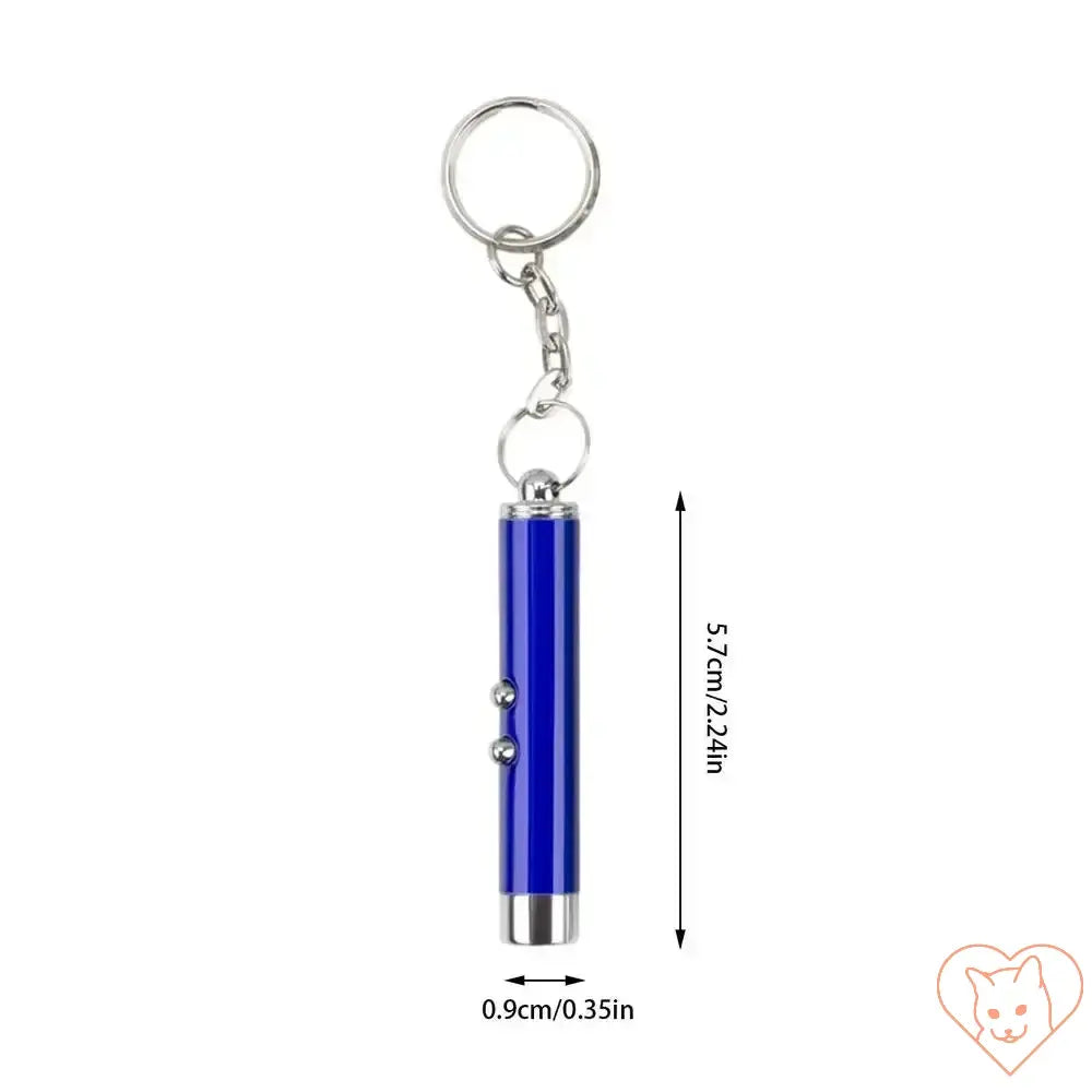 Compact blue laser pointer keychain, 5.7cm in length, perfect for interactive cat play and pet enrichment.