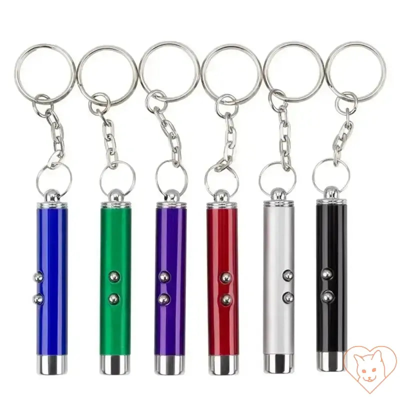 Colorful laser pointers for cats, keychain design in blue, green, purple, red, silver, and black for pet play and exercise.