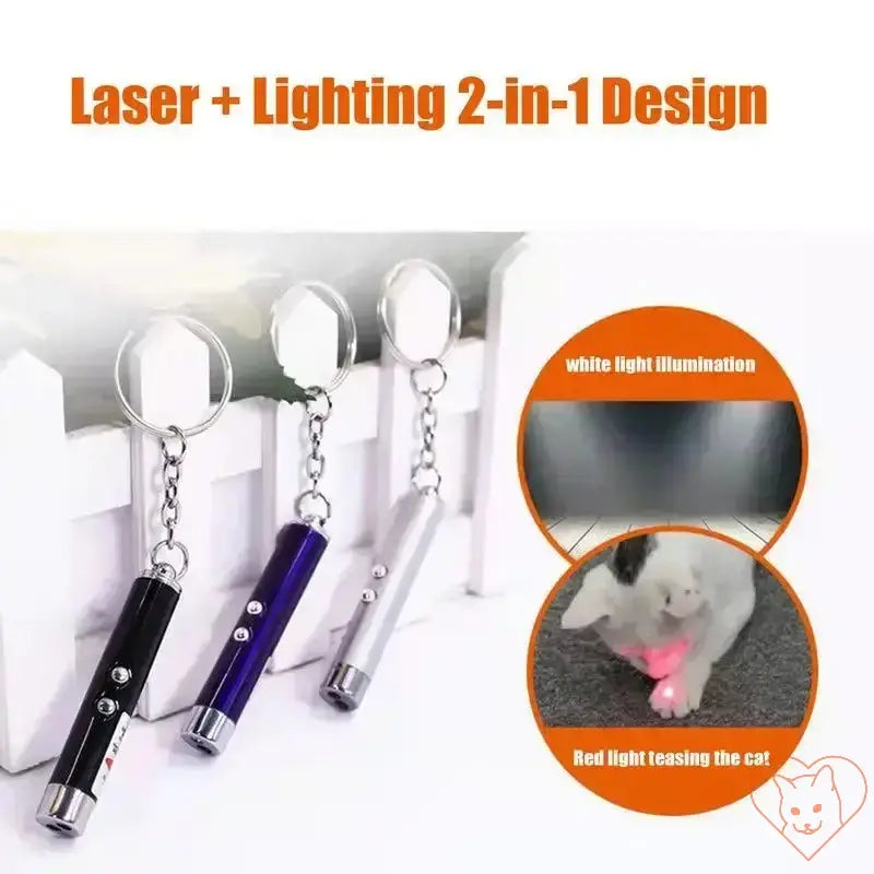 Laser pointer and light keychain toys for cats, featuring dual-function red and white light options.