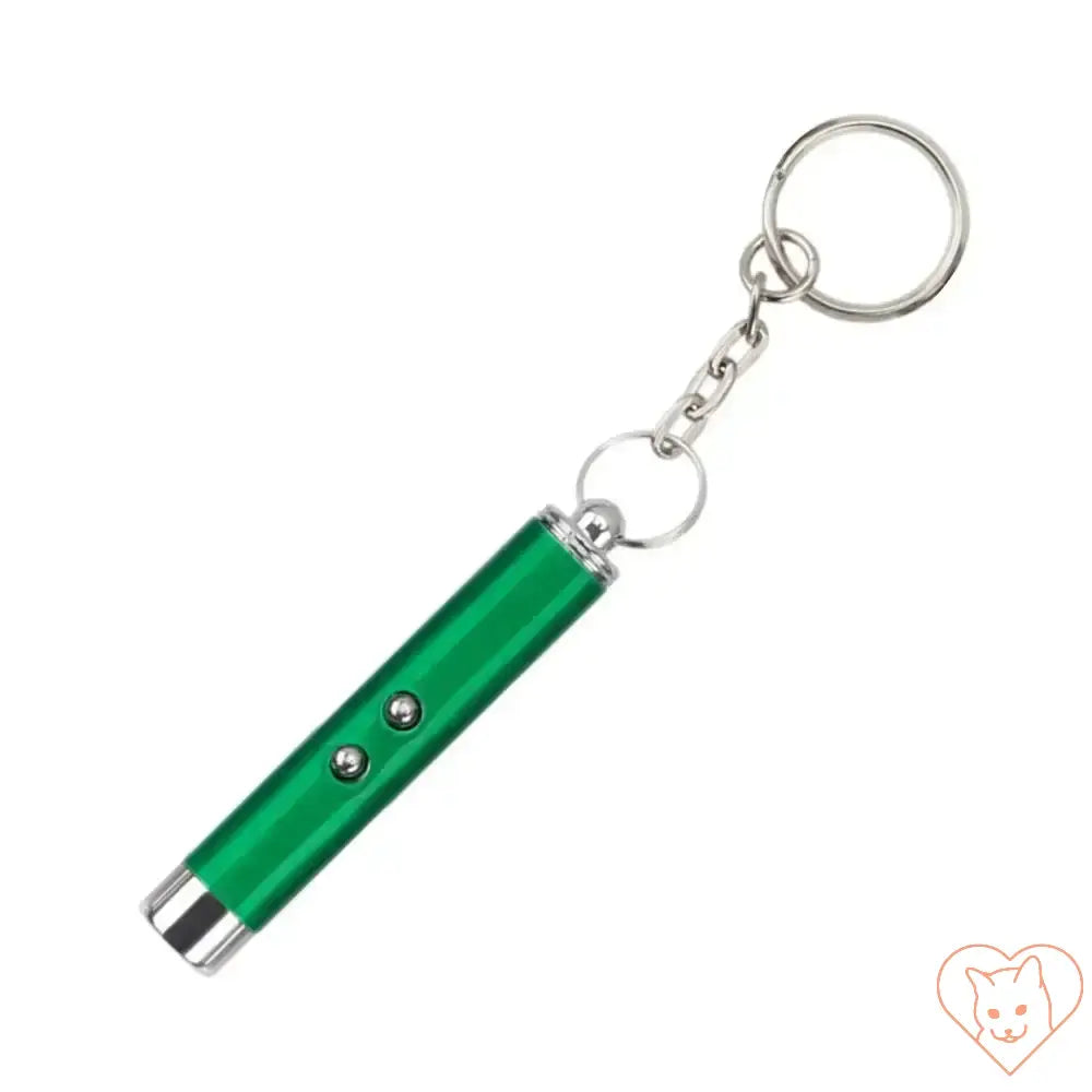 Green laser pointer keychain for interactive pet play and exercise.