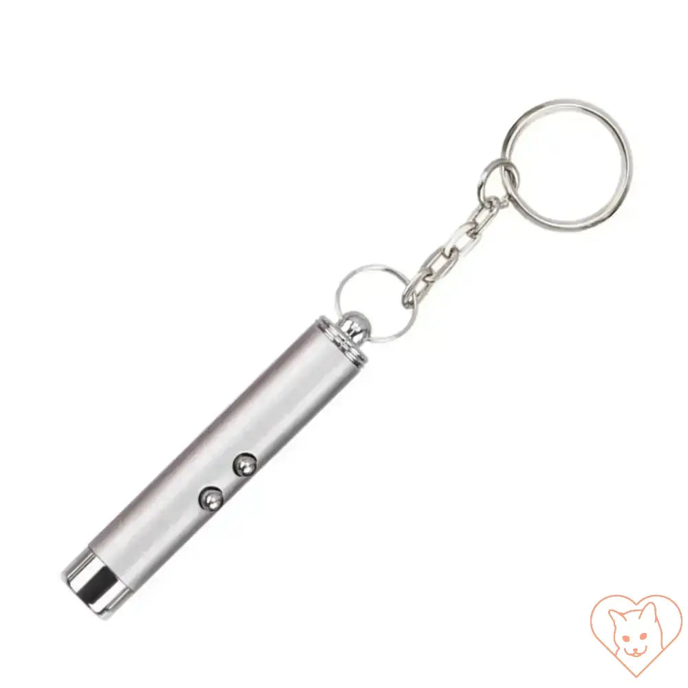 Compact silver laser pointer keychain designed for interactive play with cats indoors.