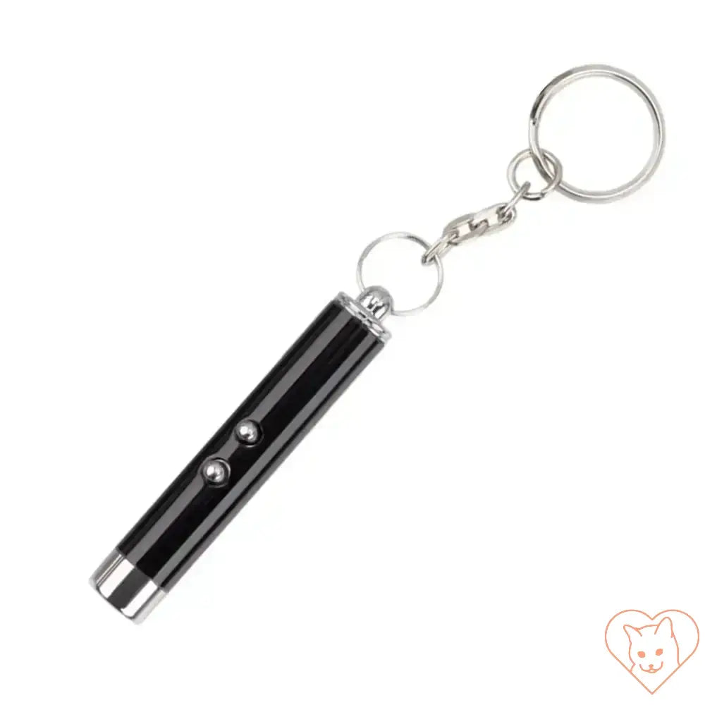 Black laser pointer keychain for interactive cat play and exercise.