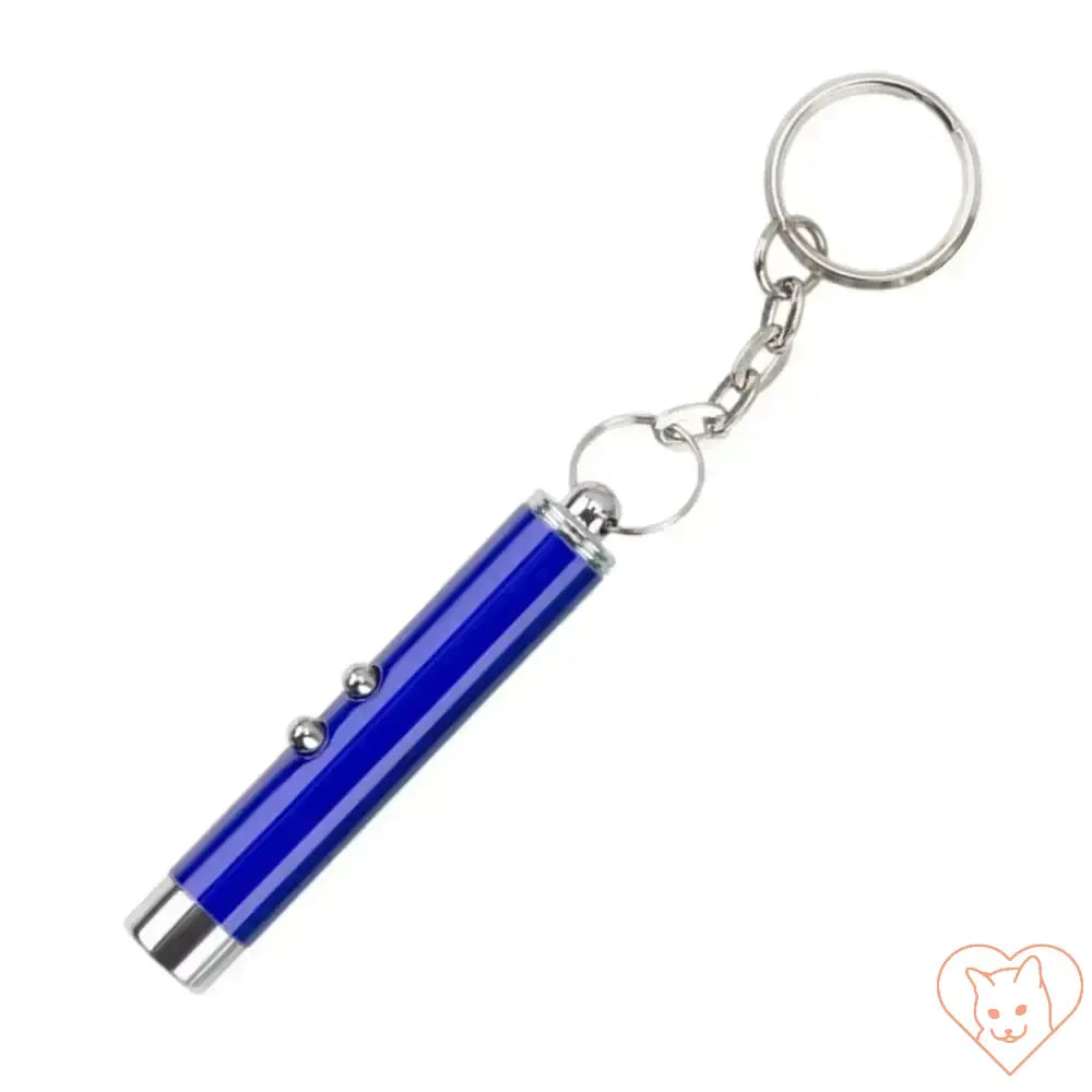 Blue laser pointer keychain for interactive cat play, designed for indoor pet enrichment.